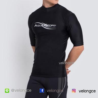 เสื้อว่ายน้ำแขนสั้น สกรีน Aqua Sport สีดำ เทา